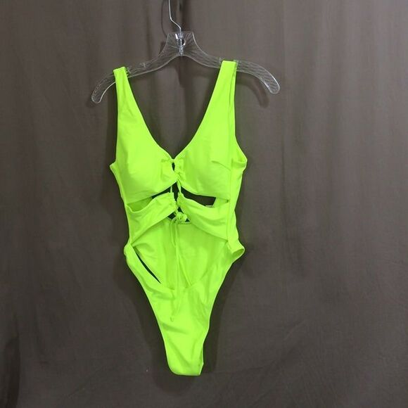 NEW Chyrll Neon Green Swimsuit 1 Piece Cut Out Front, Tie Front Size Large - Picture 2 of 5